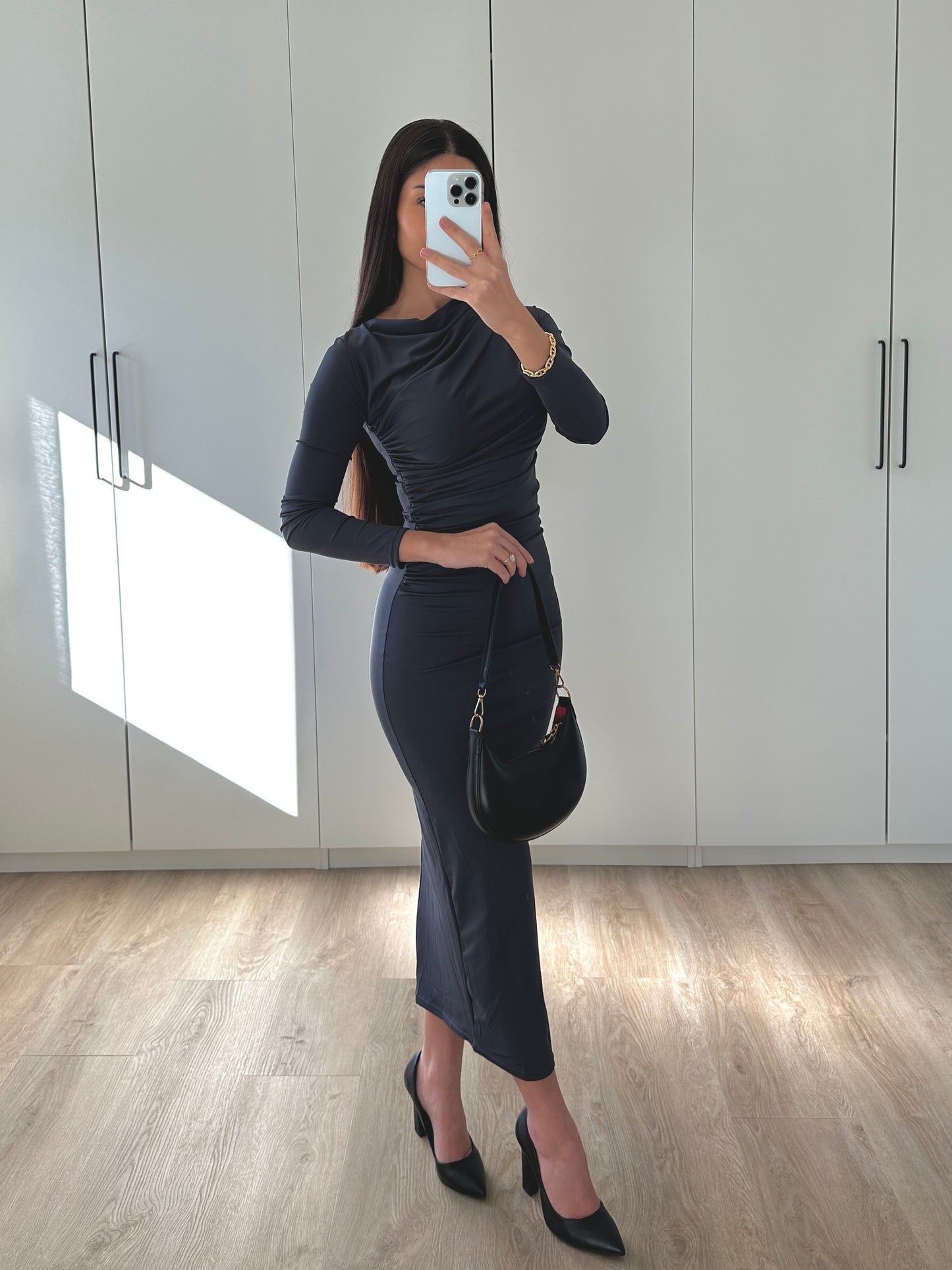 Drapiertes Midikleid - anthrazit