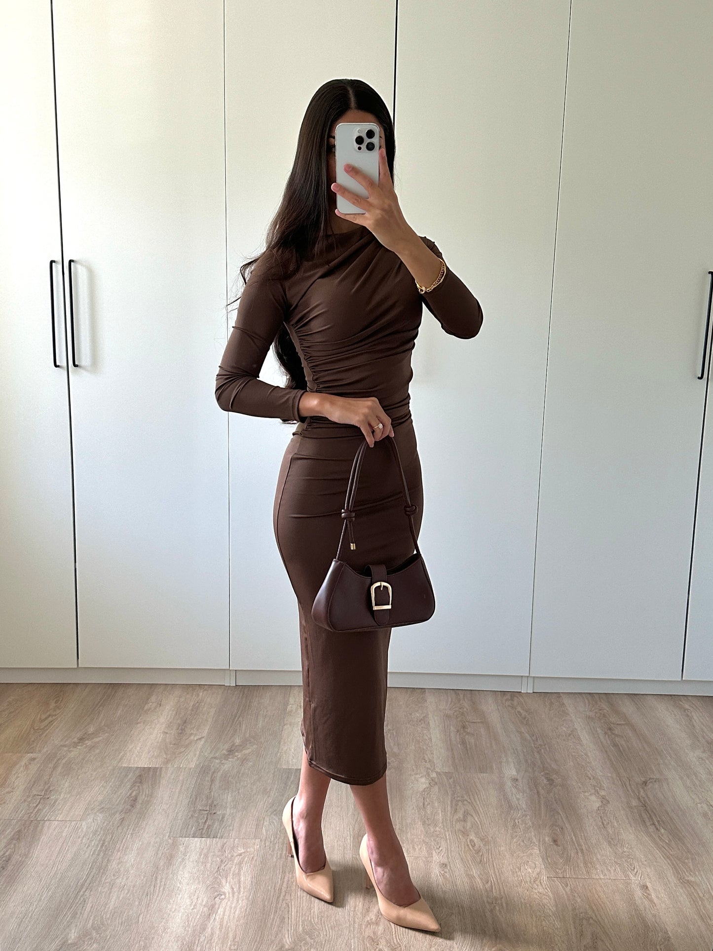 Drapiertes Midikleid - braun