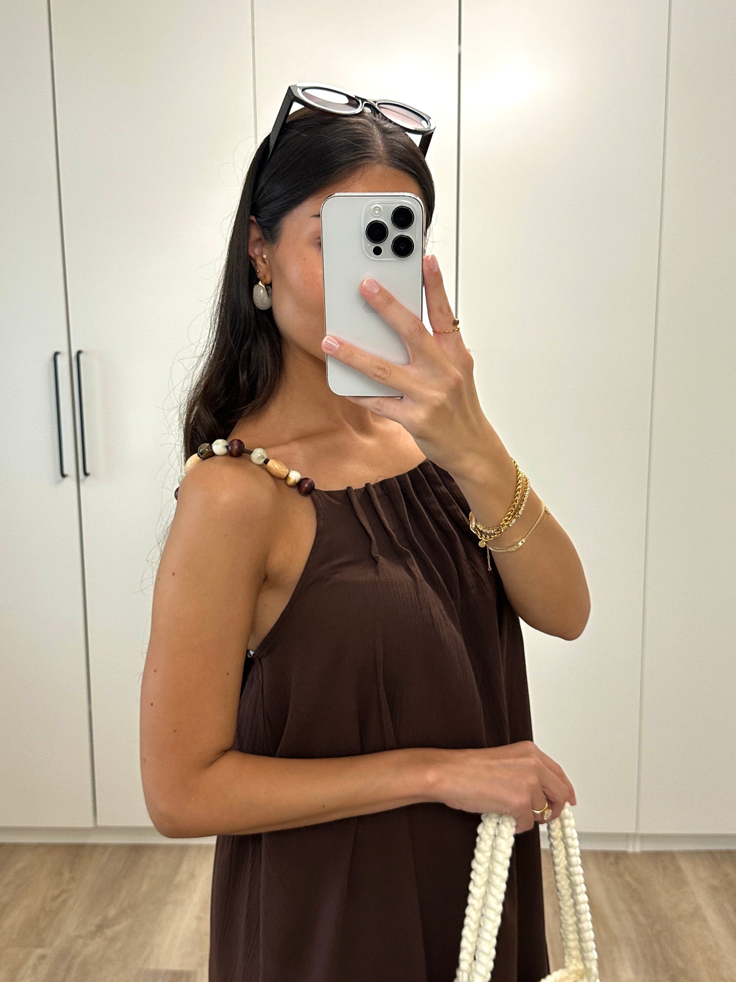 Midikleid mit Perlen - dunkelbraun