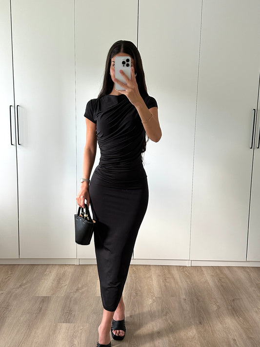 Drapiertes Kurzarmkleid - schwarz